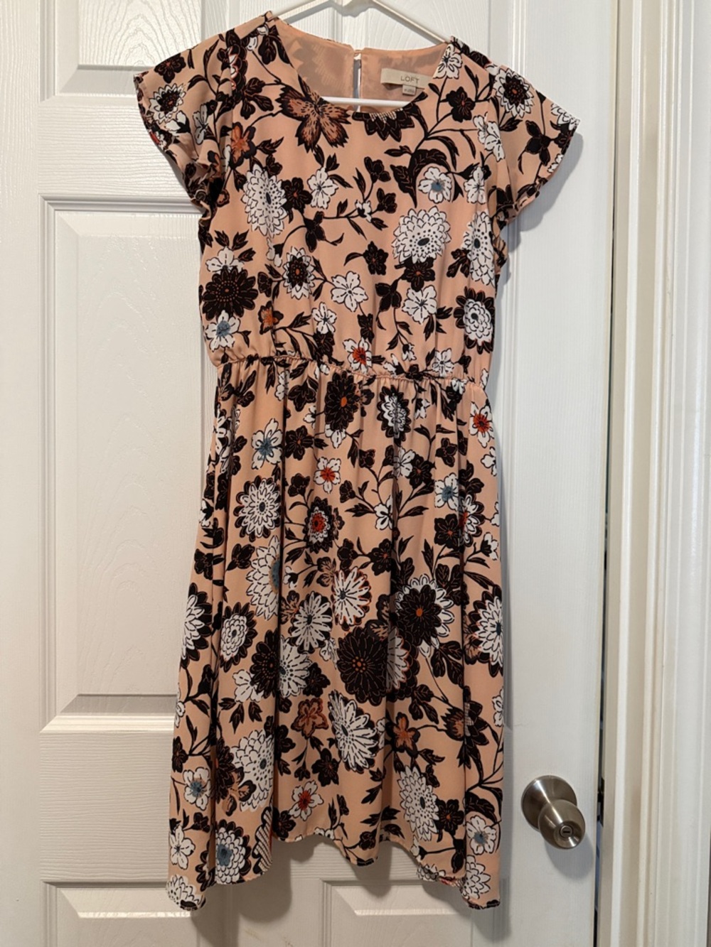 LOFT Peach Floral Short Sleeve Midi Dress